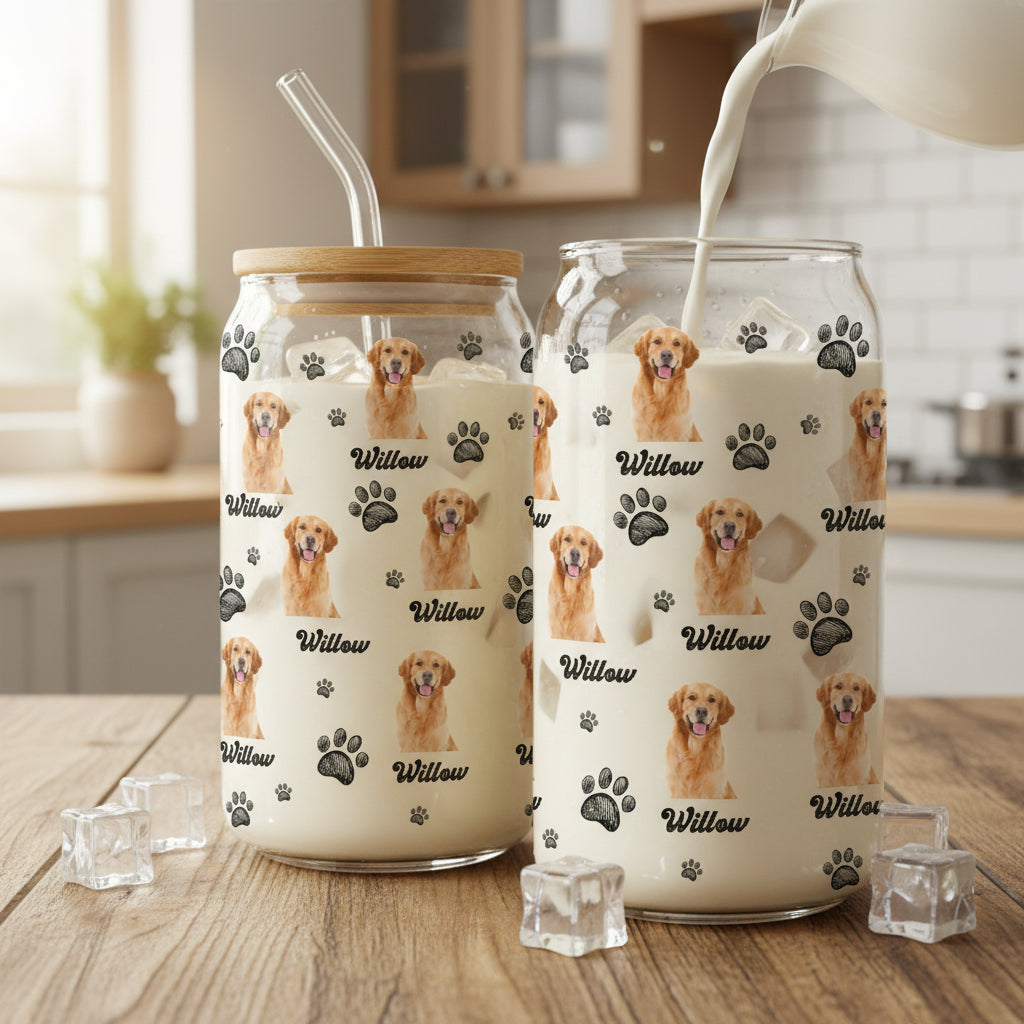 Custom Photo And Name With Dog Paw Glass Can With Lid Gift for Pet Lovers