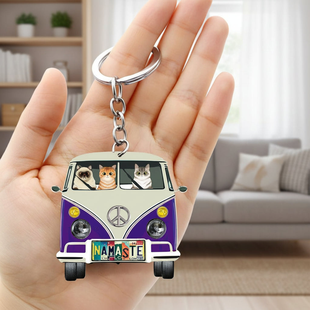 License Plate Hippie Camping Vintage Van Cat Acrylic Keychai