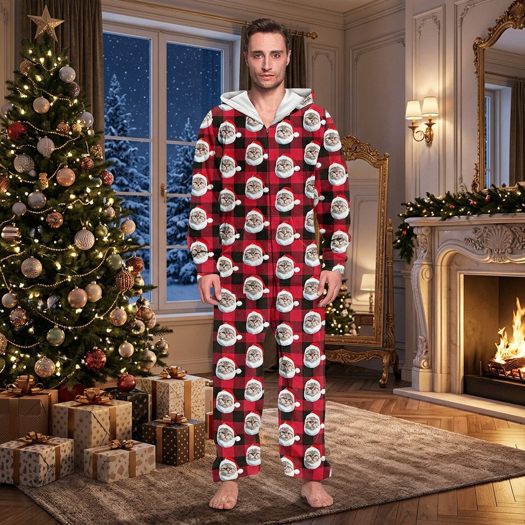 Custom Photo With Christmas Pattern Onesie Pajamas For Cat Lovers