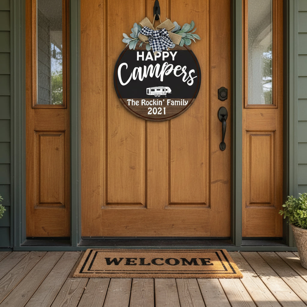 Happy Campers Wood Sign, Camping Gift, Rv Door Sign, Round W