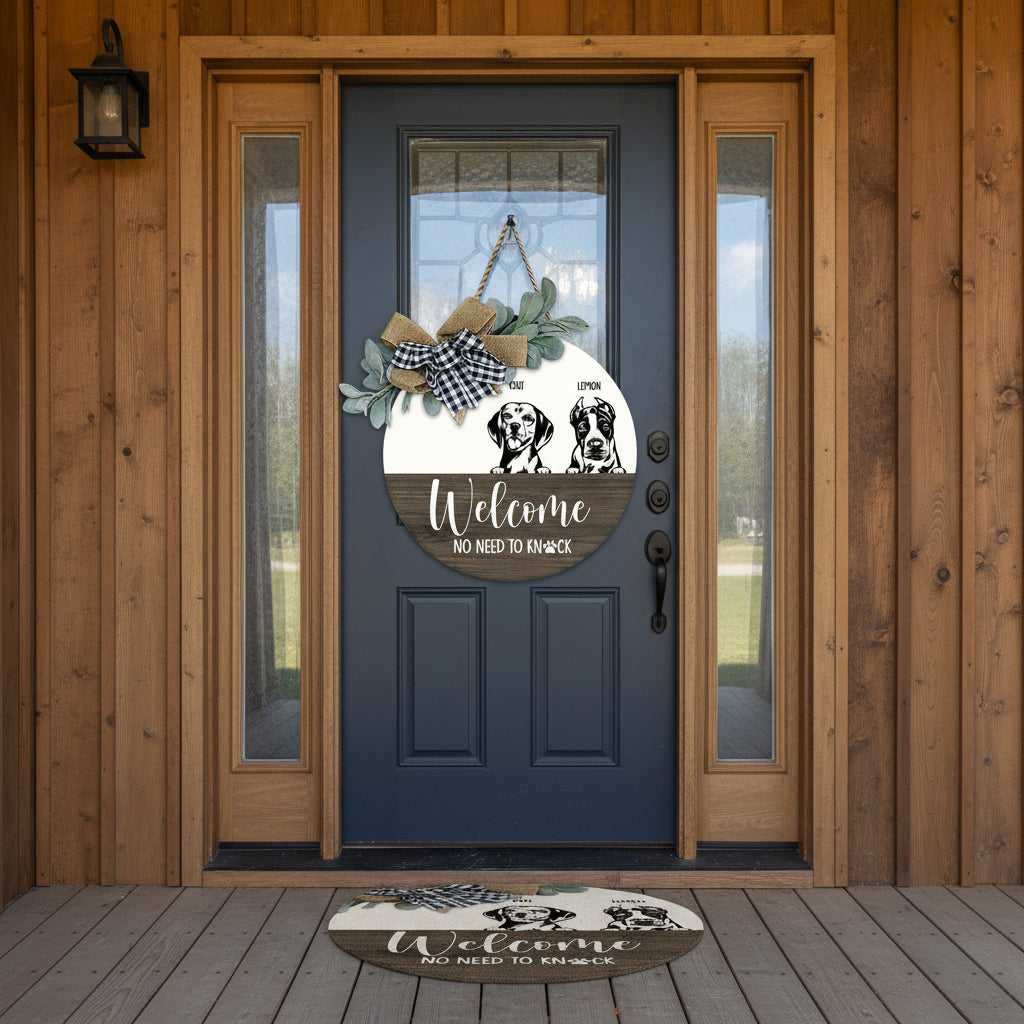 No Need To Knock Dog Wooden Door Sign With Wreath, HN590