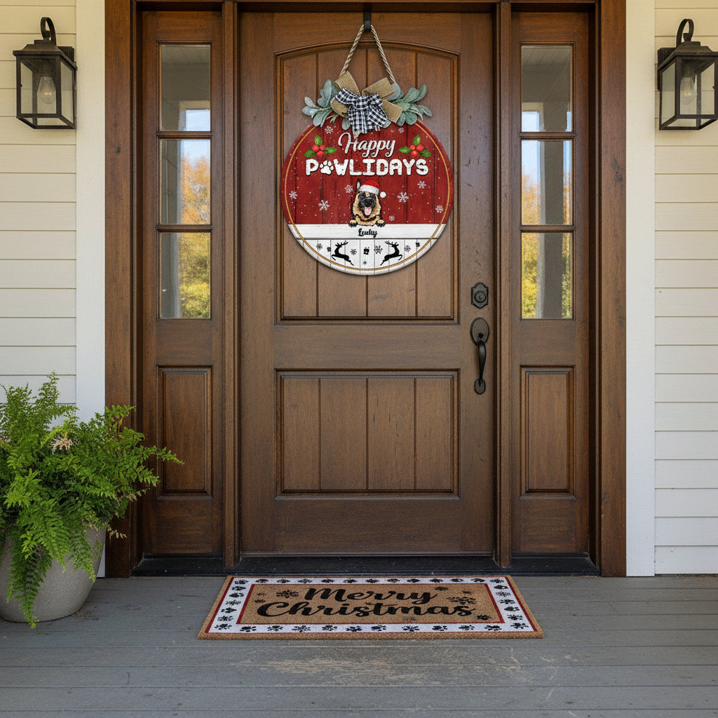 Happy Pawlidays Dog Wooden Door Sign With Wreath, Dog Door H