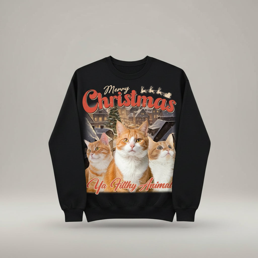 Custom Your Cat Photo Retro Vintage Merry Christmas Sweatshi