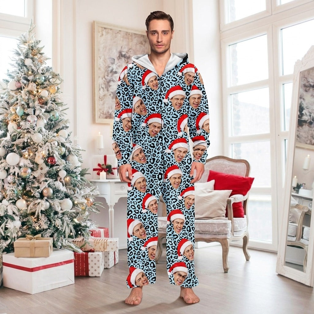 Custom Human Face Photo With Leopard Pattern Onesie Pajamas