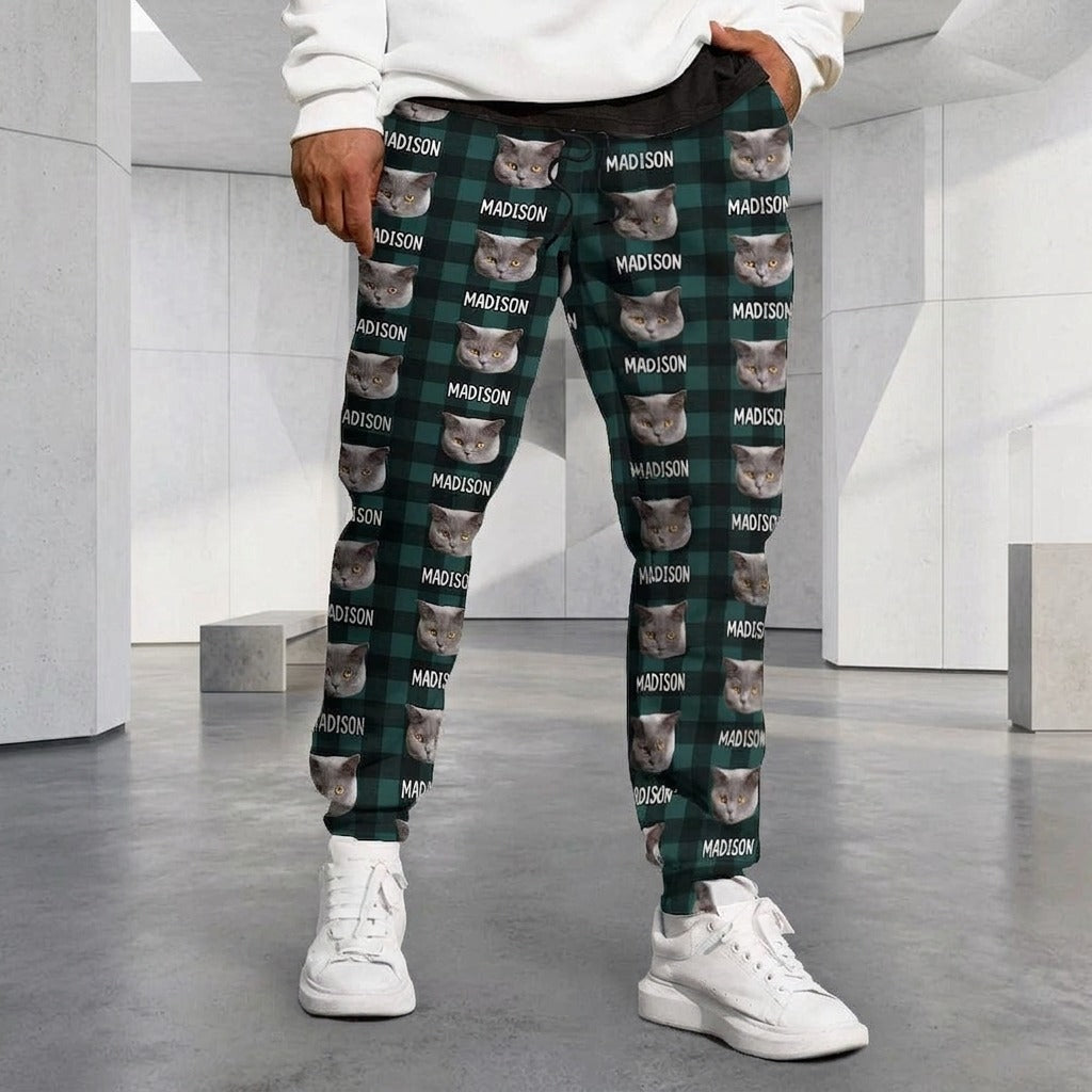 Custom Cat Photo With Christmas Pattern For Men and Women Sweatpants