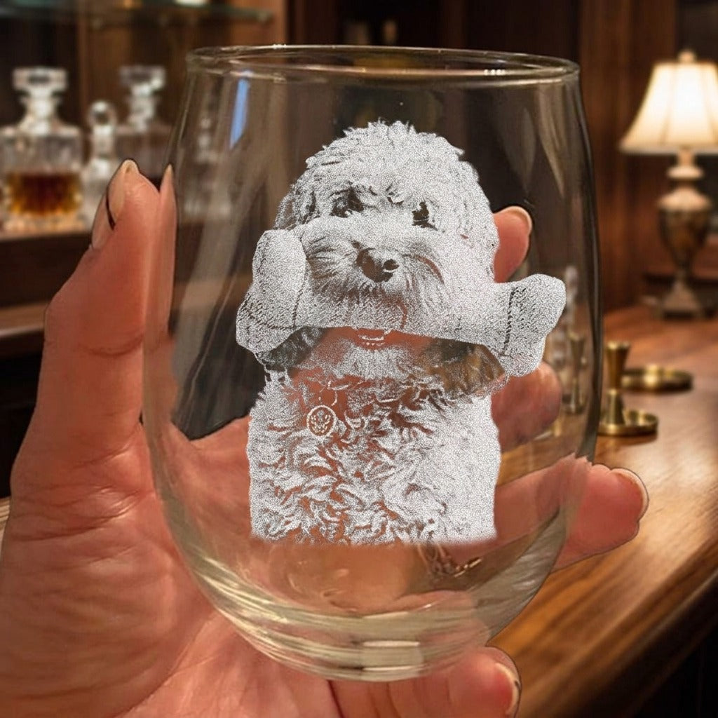 Custom Pet Portrait Photo Engraved Stemless Wine Glass Unique Dog Cat Lovers Gift