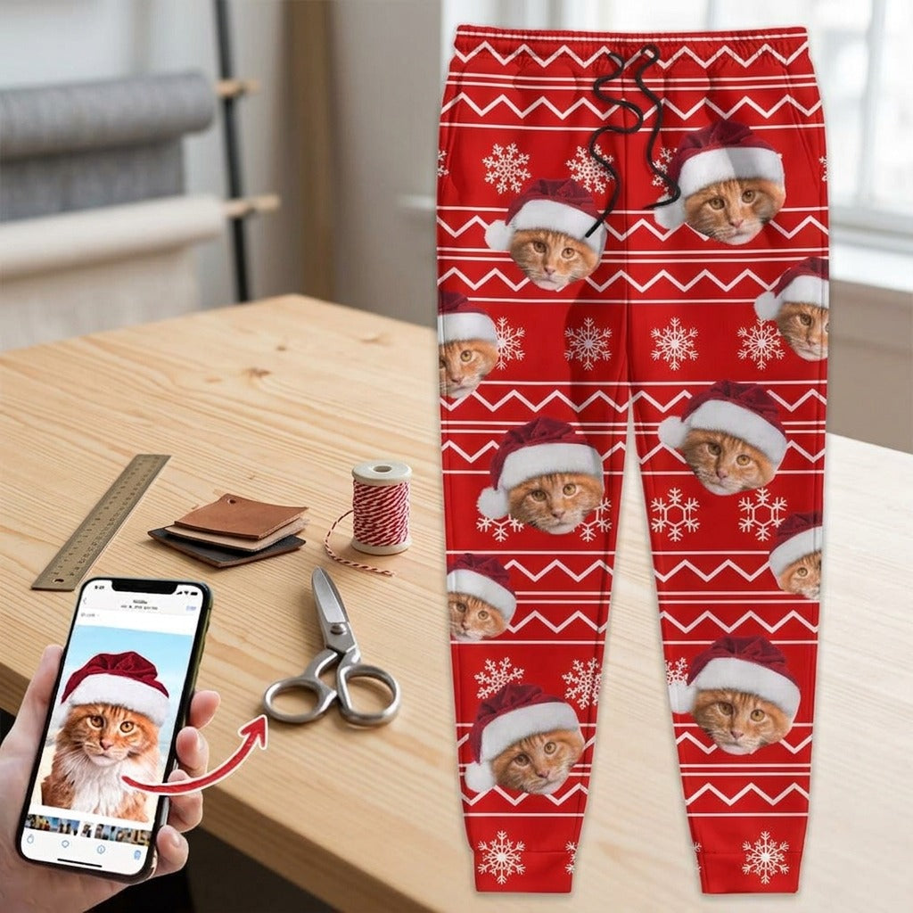 Custom Photo With Christmas Pattern Cat Men and Women's Sweatpants