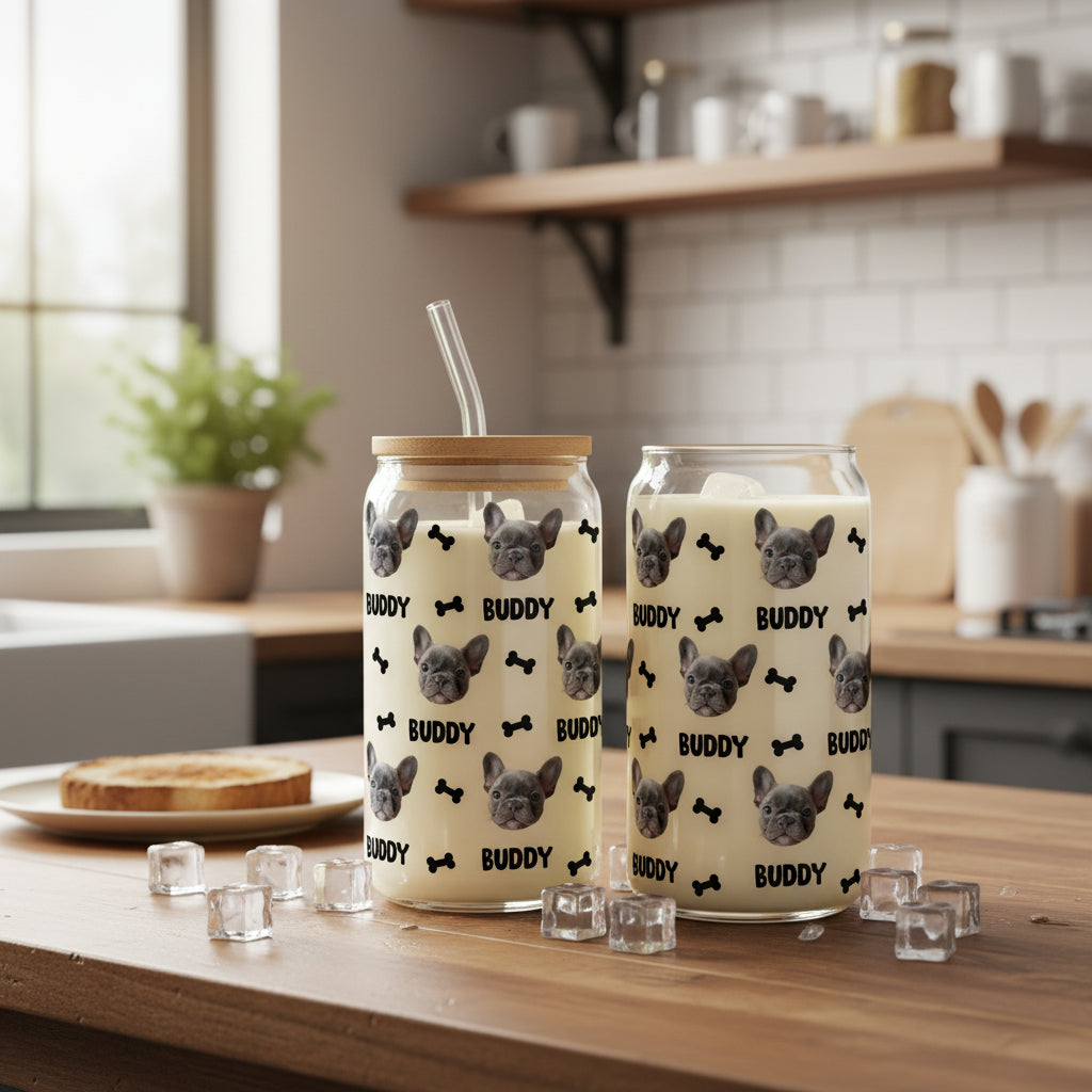 Custom Dog Cat Photo With Bone Icon For Pet Lover Glass Can With Lid