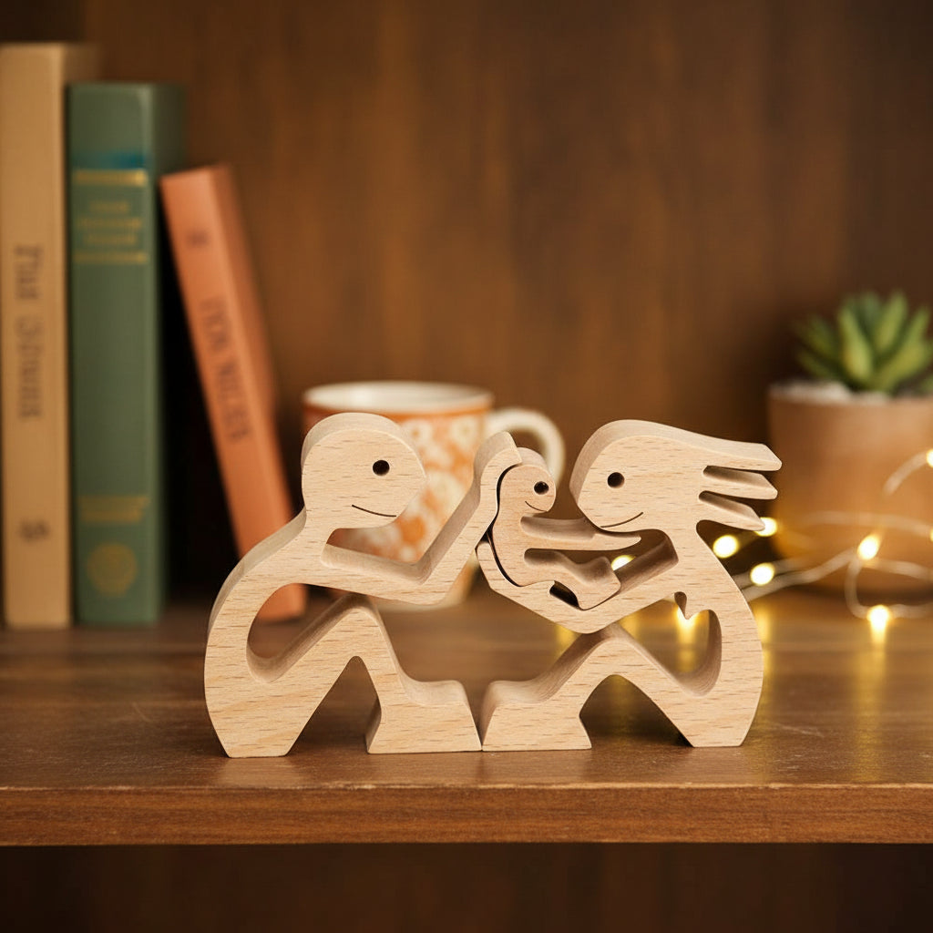 Couple With One Kid Wood Sculpture T286 HN590