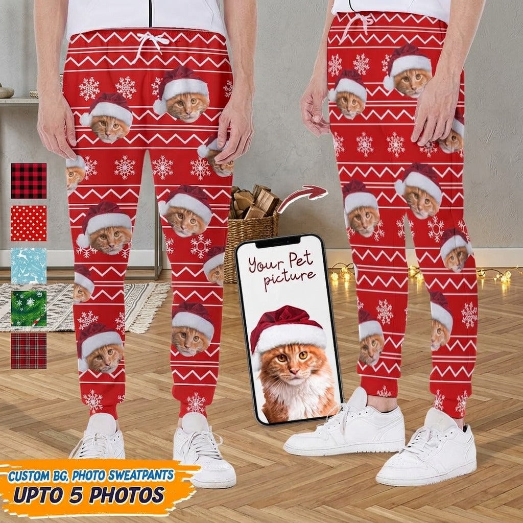 Custom Photo With Christmas Pattern Cat Men and Women's Sweatpants