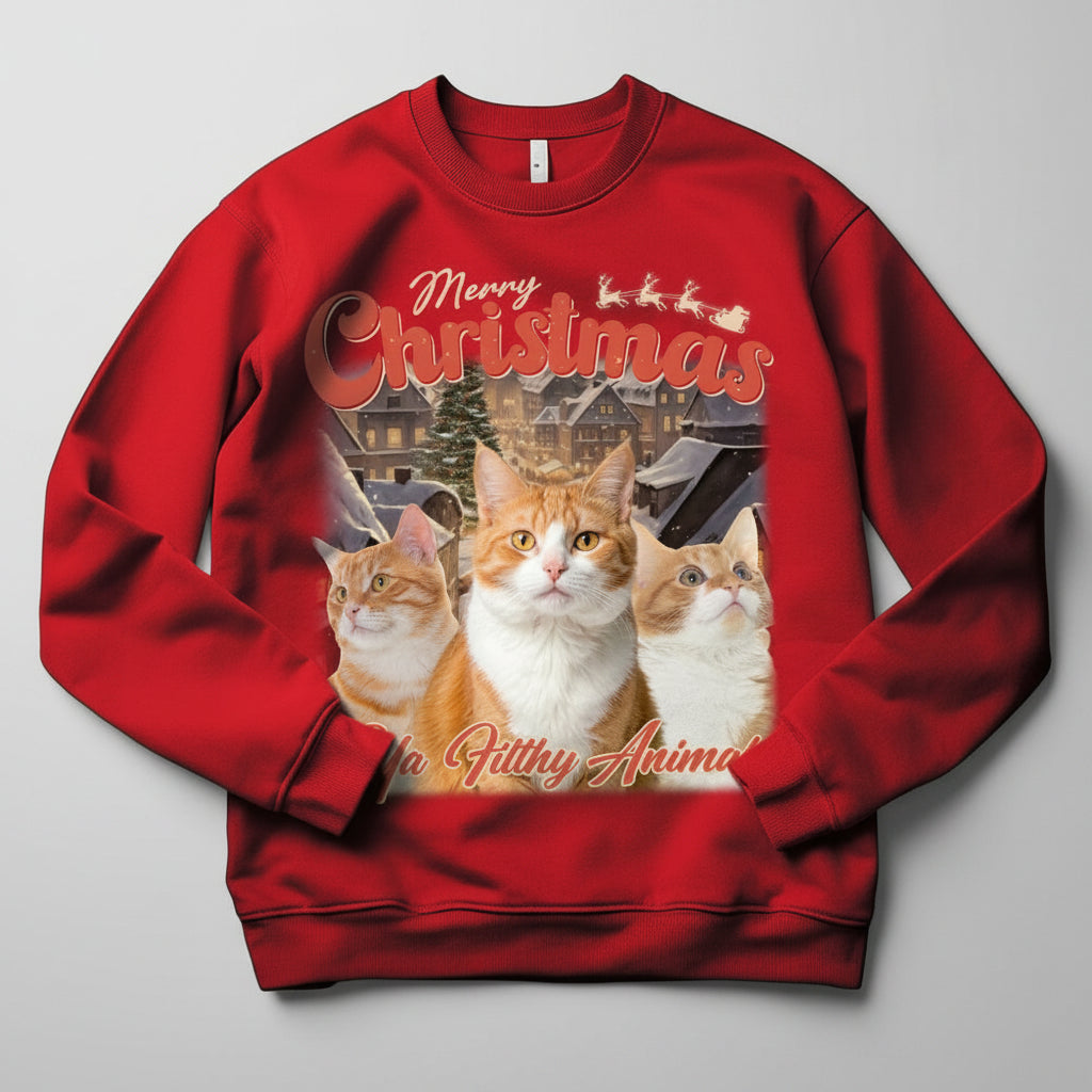 Custom Your Cat Photo Retro Vintage Merry Christmas Sweatshi