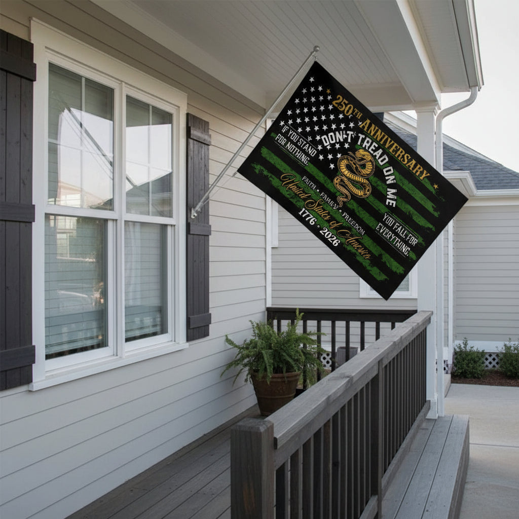 USA 250th Anniversary House Flag – Don't Tread On Me Patriotic Design