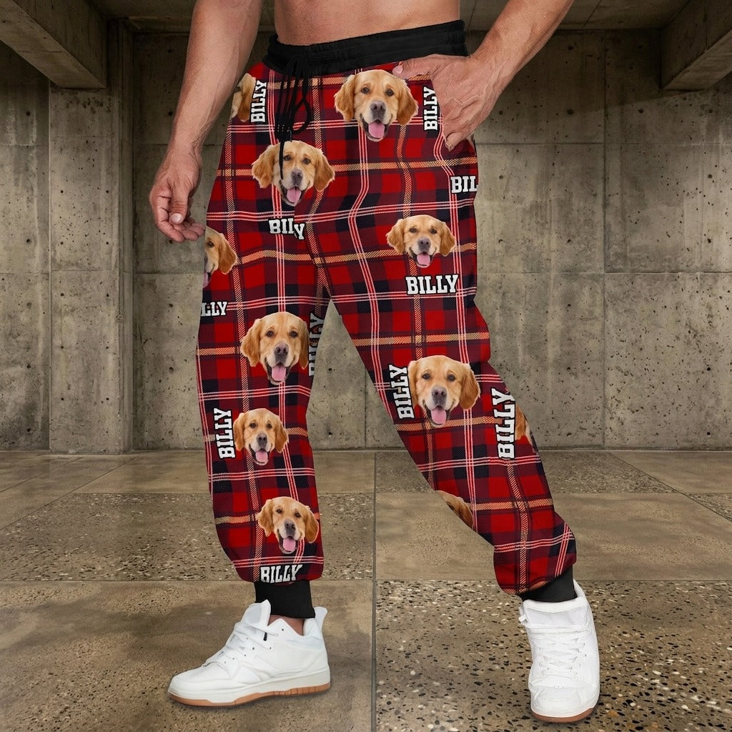 Custom Dog Photo With Plaid Background For Men and Women Sweatpants