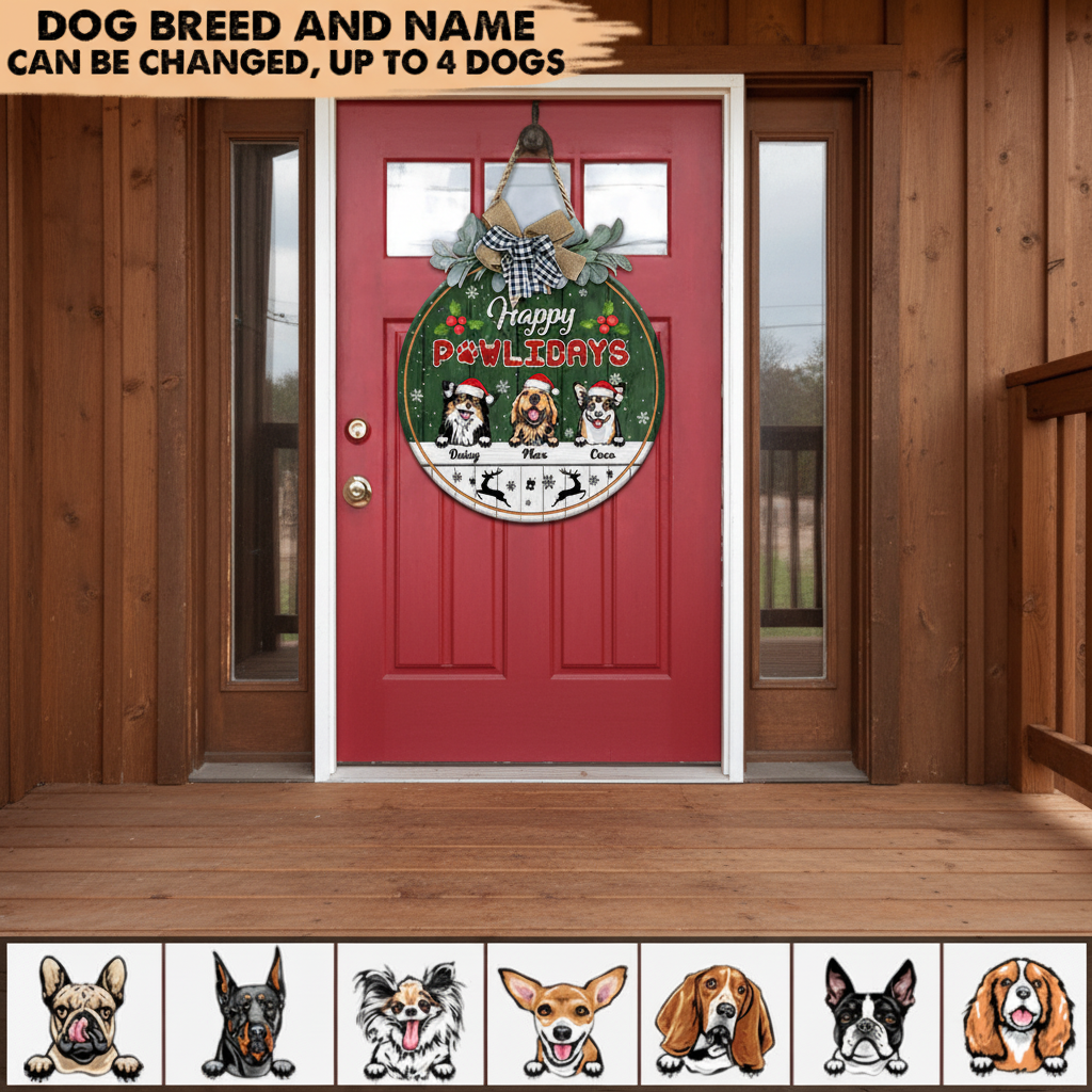 Happy Pawlidays Dog Wooden Door Sign With Wreath, Dog Door H