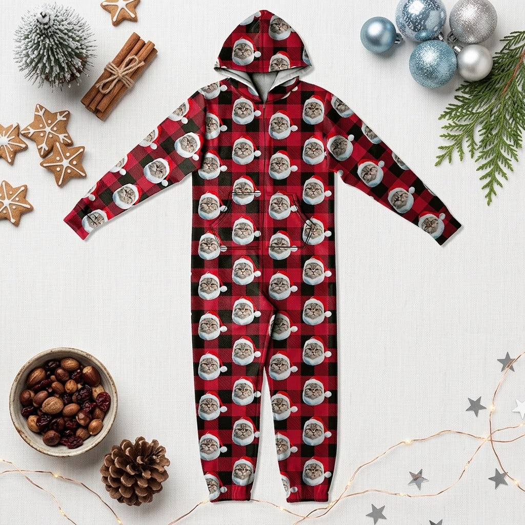 Custom Photo With Christmas Pattern Onesie Pajamas For Cat Lovers