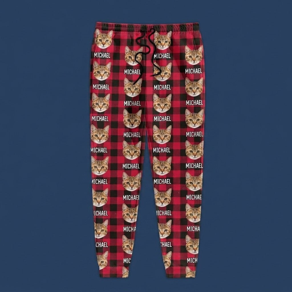 Custom Cat Photo With Christmas Pattern For Men and Women Sweatpants