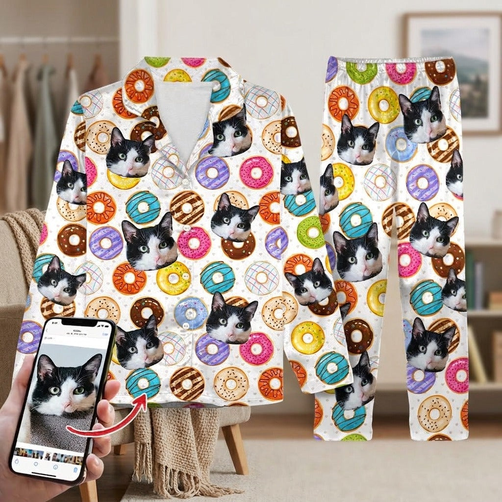 Custom Photo Tie Dye Background Cat Pajamas