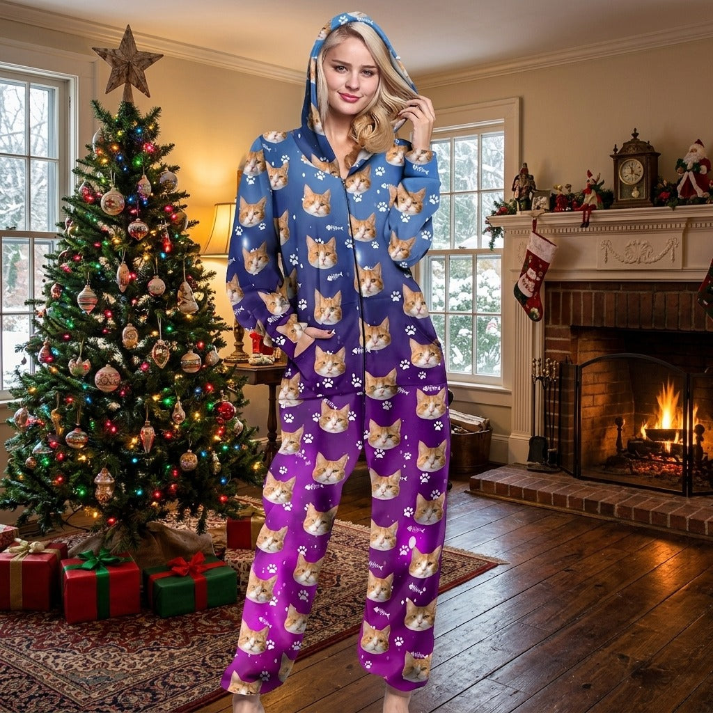 Custom Photo Galaxy Onesie Pajamas For Cat Lovers