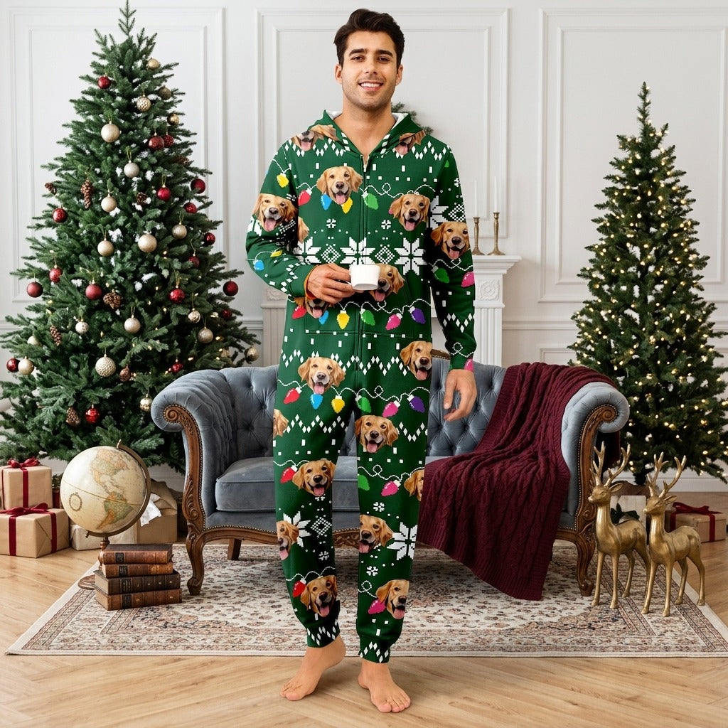 Custom Dog Face Funny Christmas Lights Onesie Pajamas