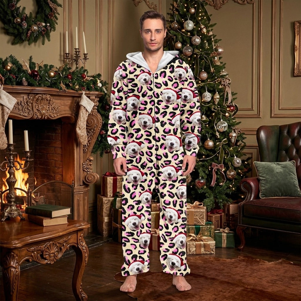 Custom Dog Photo With Leopard Pattern Onesie Pajamas