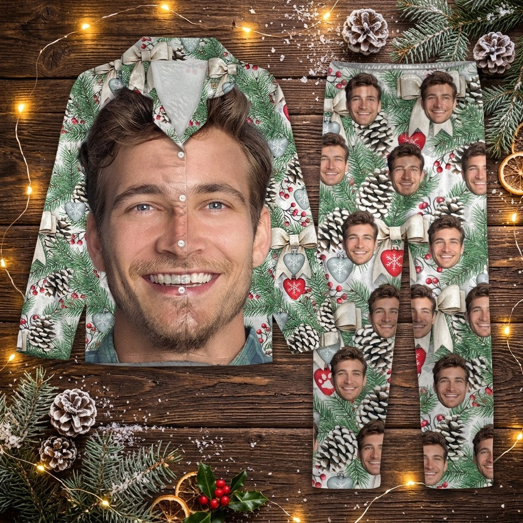 Custom Photo Portrait Face With Christmas Accessories Flannel Pajamas