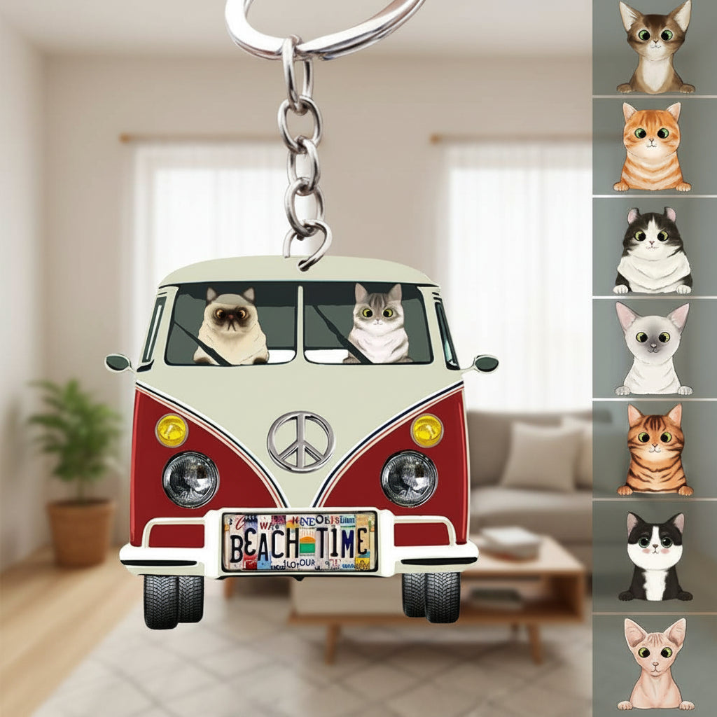 License Plate Hippie Camping Vintage Van Cat Acrylic Keychai