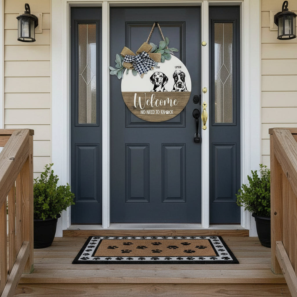 No Need To Knock Dog Wooden Door Sign With Wreath, HN590