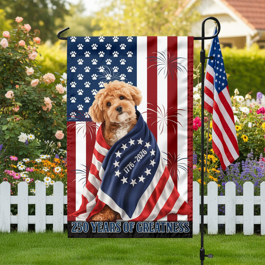 Custom Photo My Dog, Cat Loves America 250 Patriotic Garden Flag