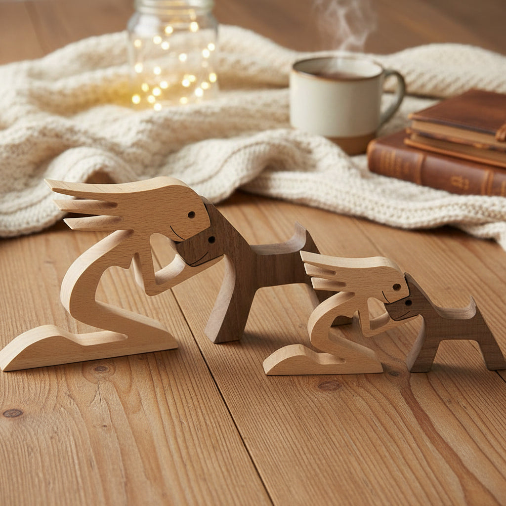 A Woman And Pointy Ears Dog Wood Sculpture T286 HN590
