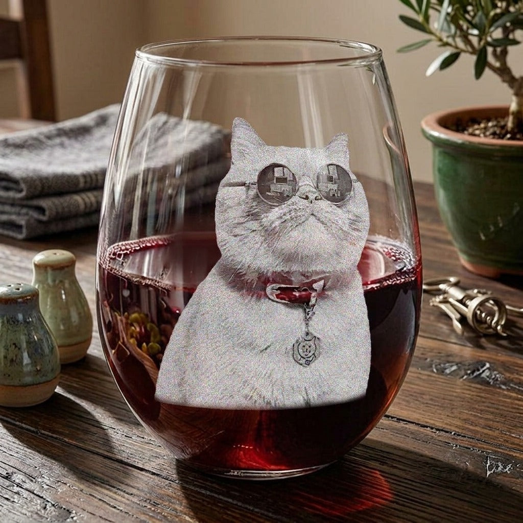 Custom Pet Portrait Photo Engraved Stemless Wine Glass Unique Dog Cat Lovers Gift