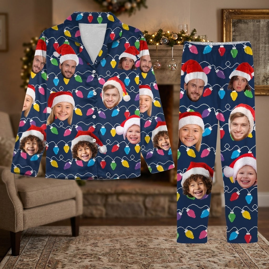 Custom Human Face Photo With Colorful Christmas Lights Pajamas