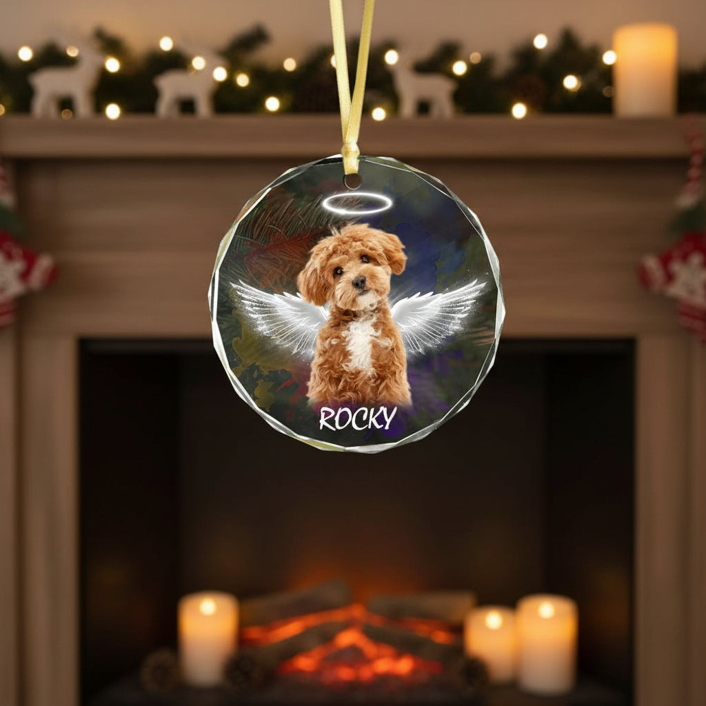 Custom Photo Angel Dog with Wings Memorial Glass Ornament HA