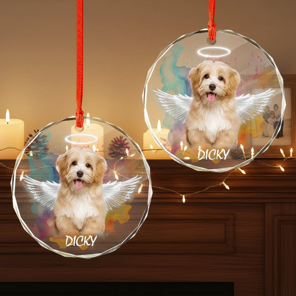 Custom Photo Angel Dog with Wings Memorial Glass Ornament HA