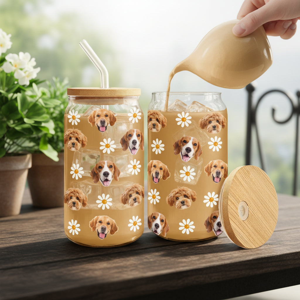 Custom Pet Photo Glass Can With Lid Christmas Gift for Pet Lovers