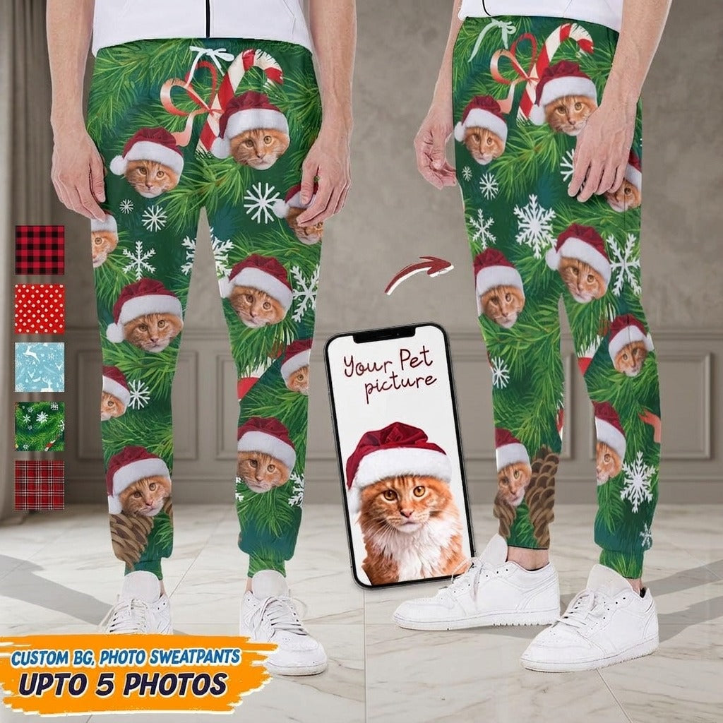 Custom Photo With Christmas Pattern Cat Men and Women's Sweatpants