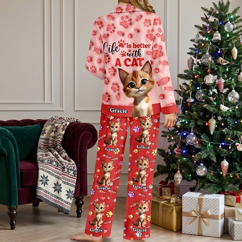 Custom Cat Name Life Is Better With Cats 3D Effect Pajamas