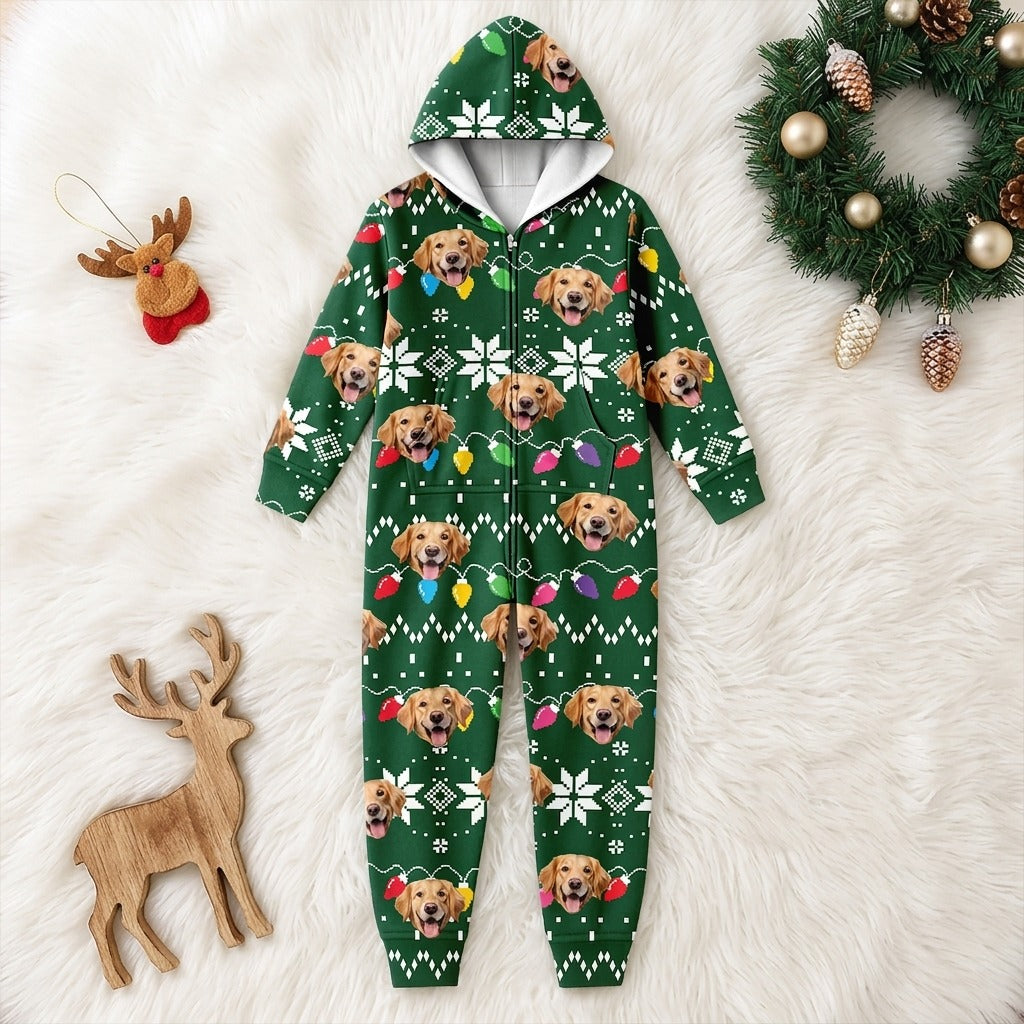 Custom Dog Face Funny Christmas Lights Onesie Pajamas