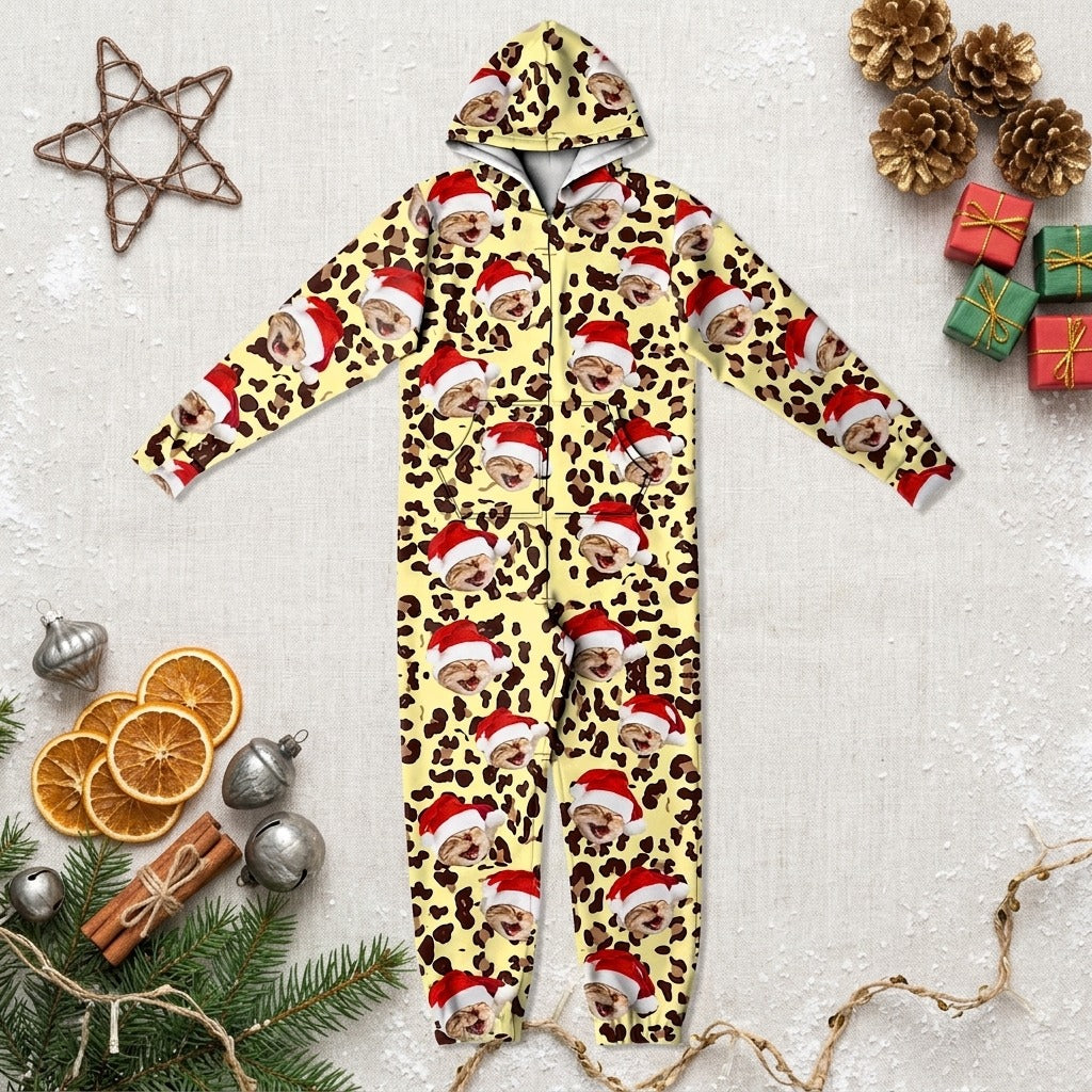 Custom Cat Photo With Leopard Pattern Onesie Pajamas