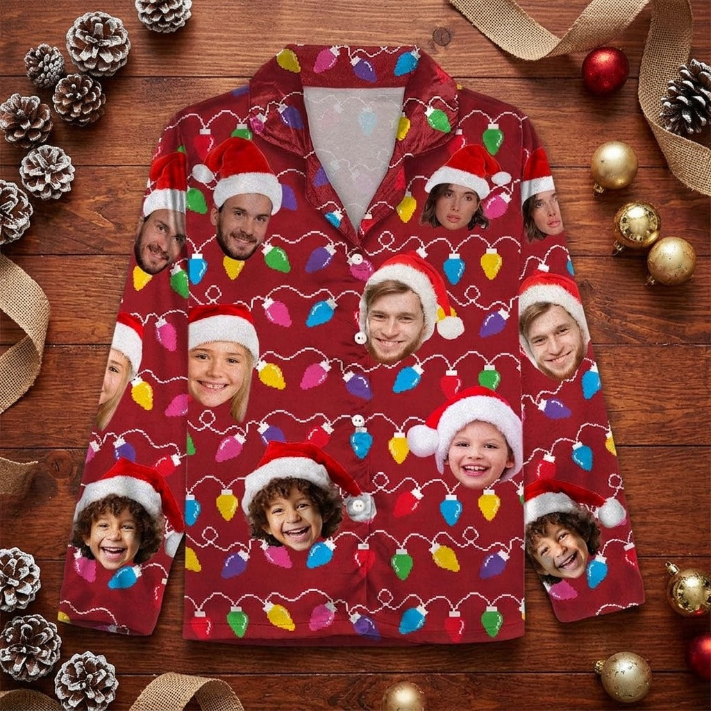 Custom Human Face Photo With Colorful Christmas Lights Pajamas