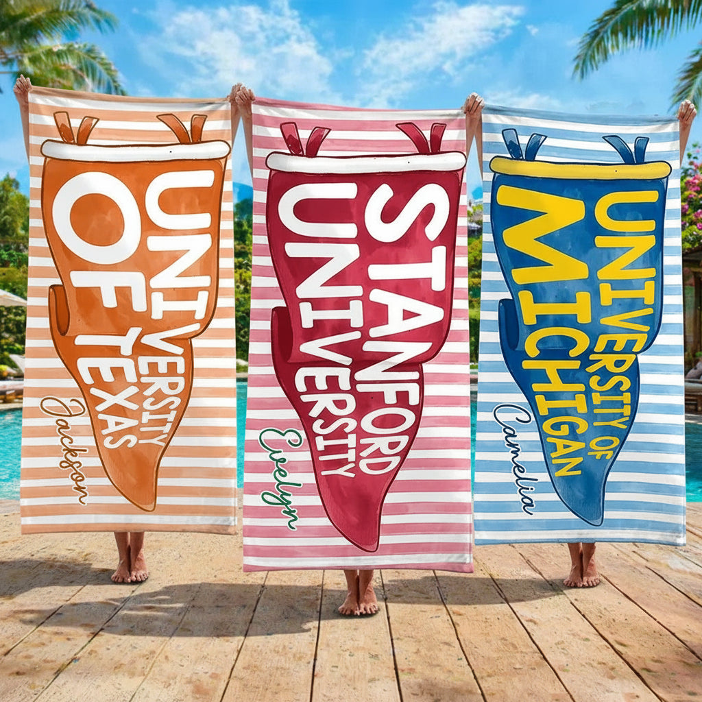 Personalized College Pennant Spirit Beach Towel – Graduation
