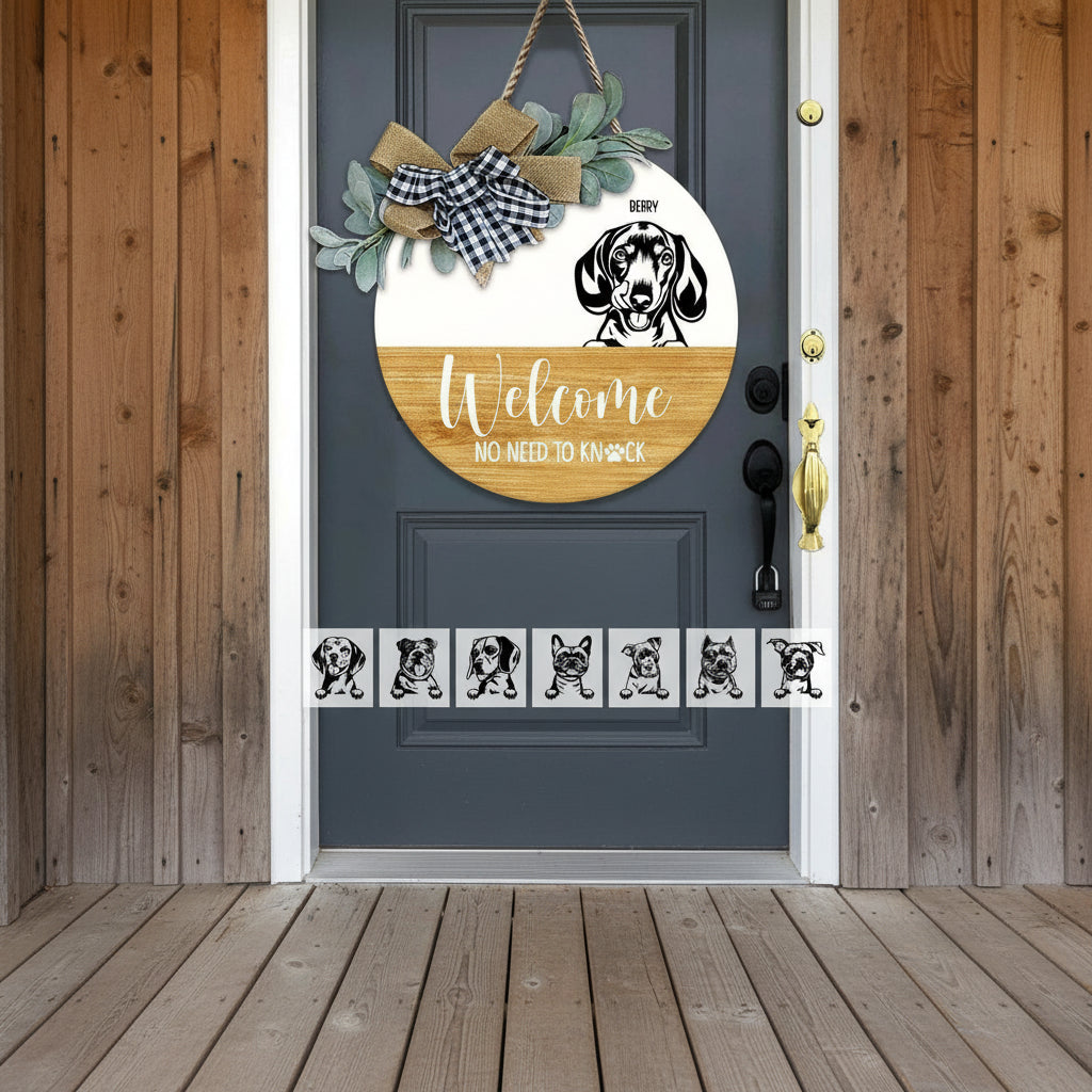 No Need To Knock Dog Wooden Door Sign With Wreath, HN590