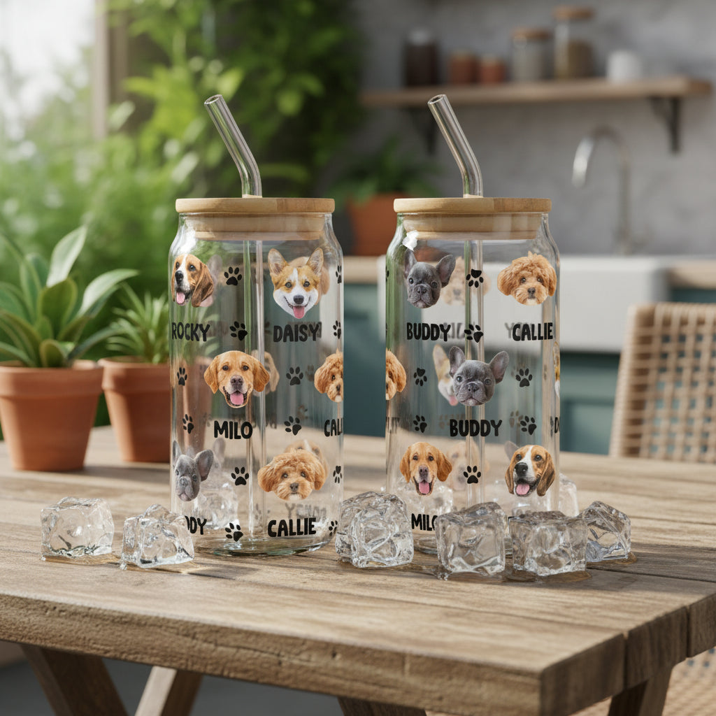 Custom Dog Cat Photo With Bone Icon For Pet Lover Glass Can With Lid