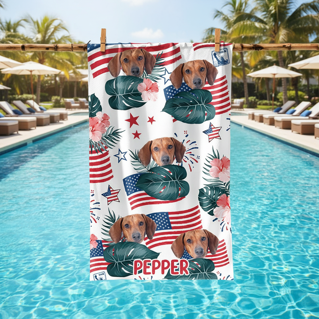 Custom Dog Photo Independence Day Beach Towel CH07