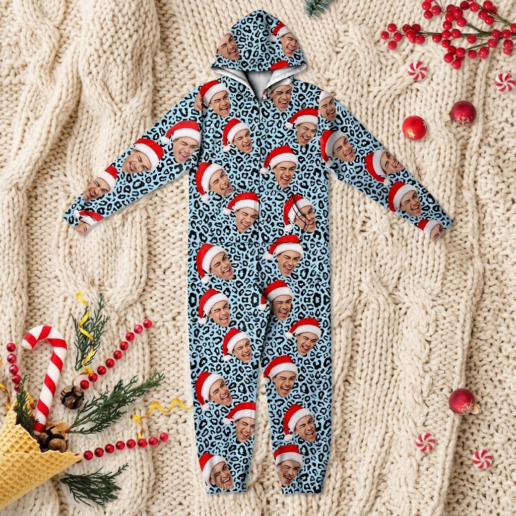 Custom Human Face Photo With Leopard Pattern Onesie Pajamas