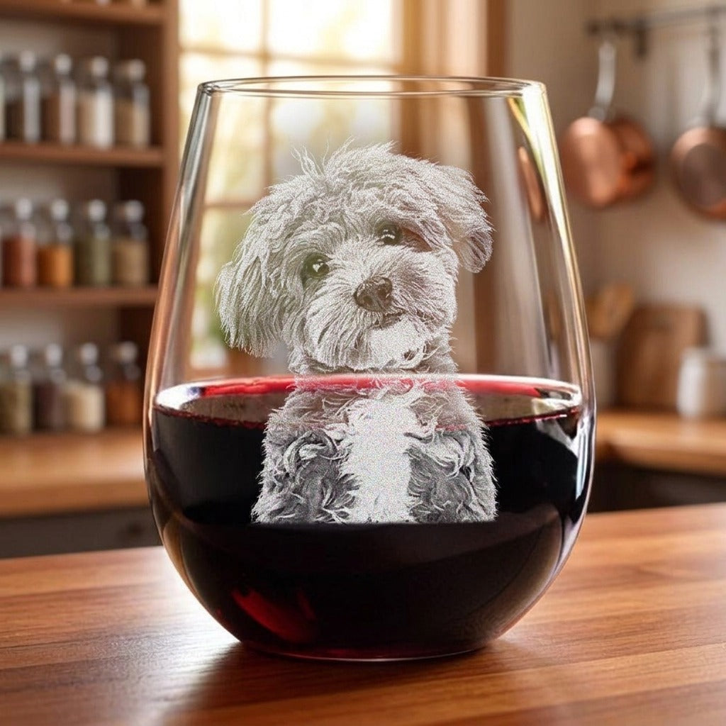 Custom Pet Portrait Photo Engraved Stemless Wine Glass Unique Dog Cat Lovers Gift