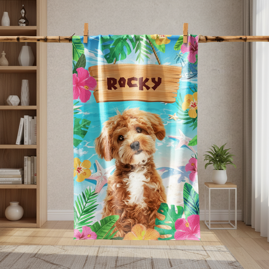 Custom Photo Summertime Bliss With Vibrant Dog Cat Beach Tow