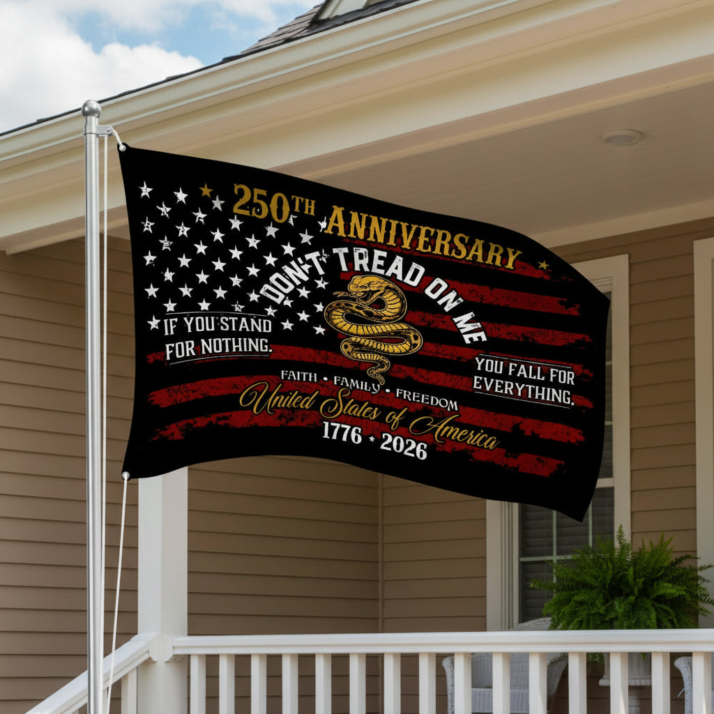 USA 250th Anniversary House Flag – Don't Tread On Me Patriotic Design