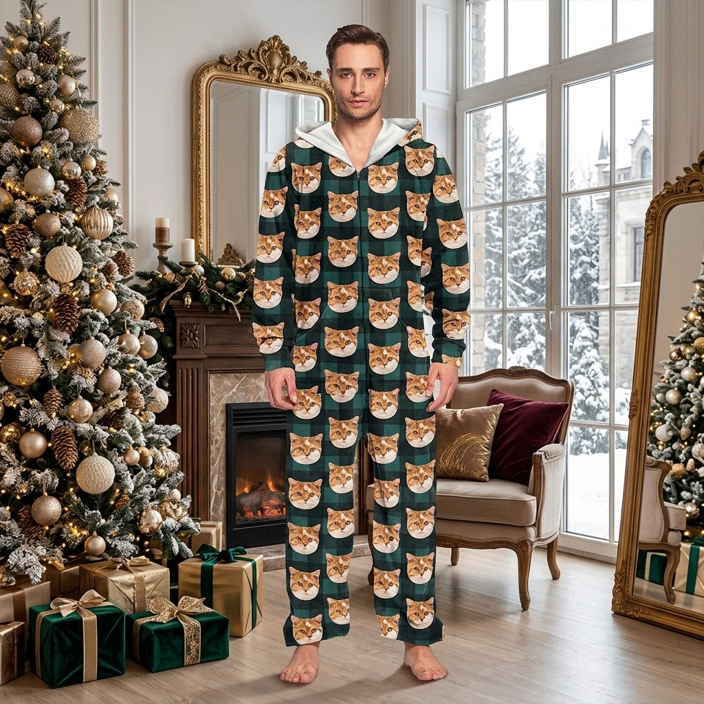 Custom Photo With Christmas Pattern Onesie Pajamas For Cat Lovers