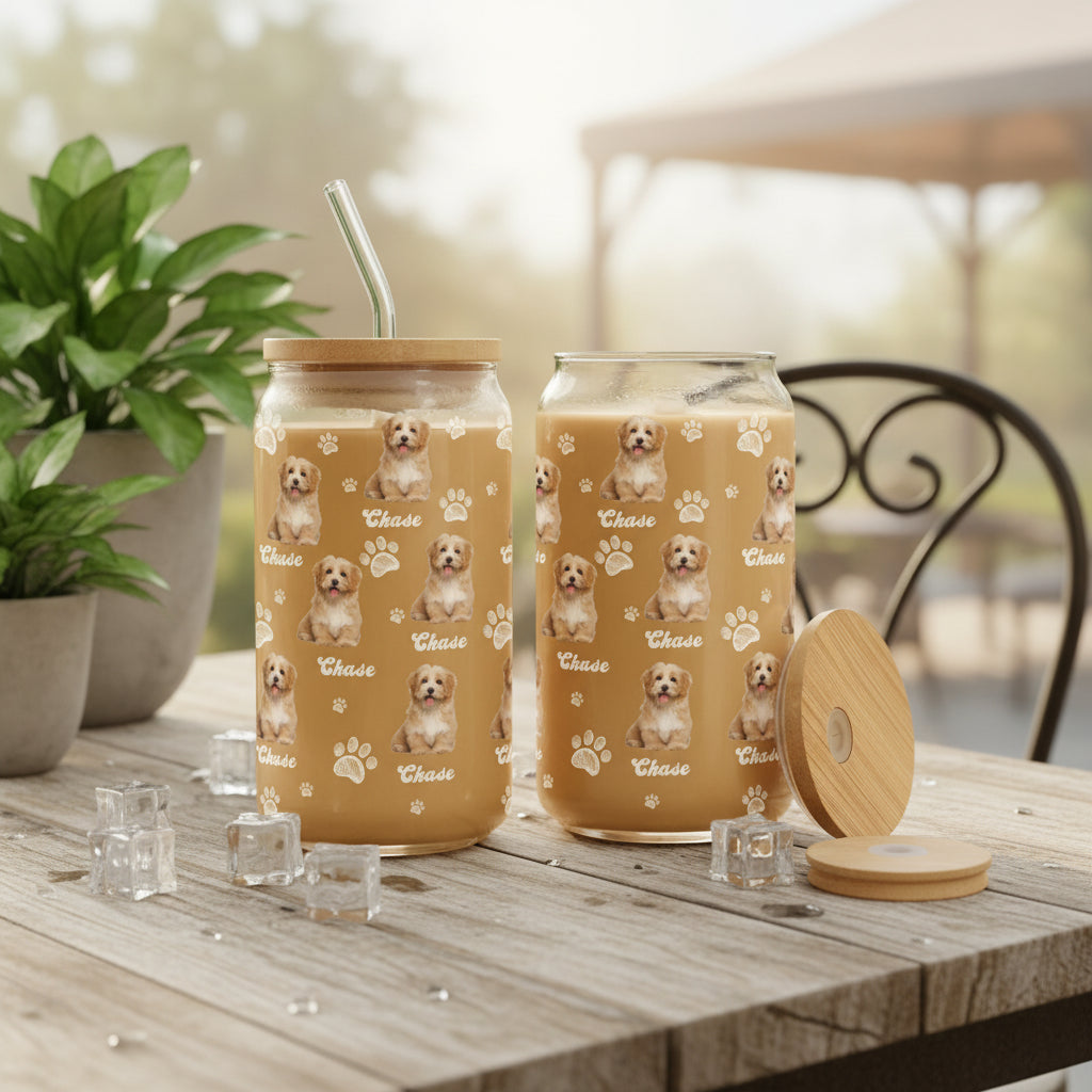 Custom Photo And Name With Dog Paw Glass Can With Lid Gift for Pet Lovers