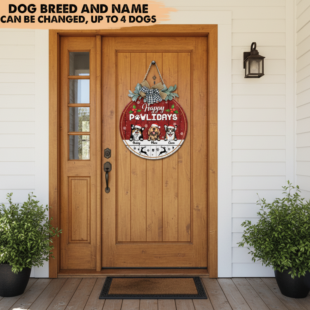 Happy Pawlidays Dog Wooden Door Sign With Wreath, Dog Door H